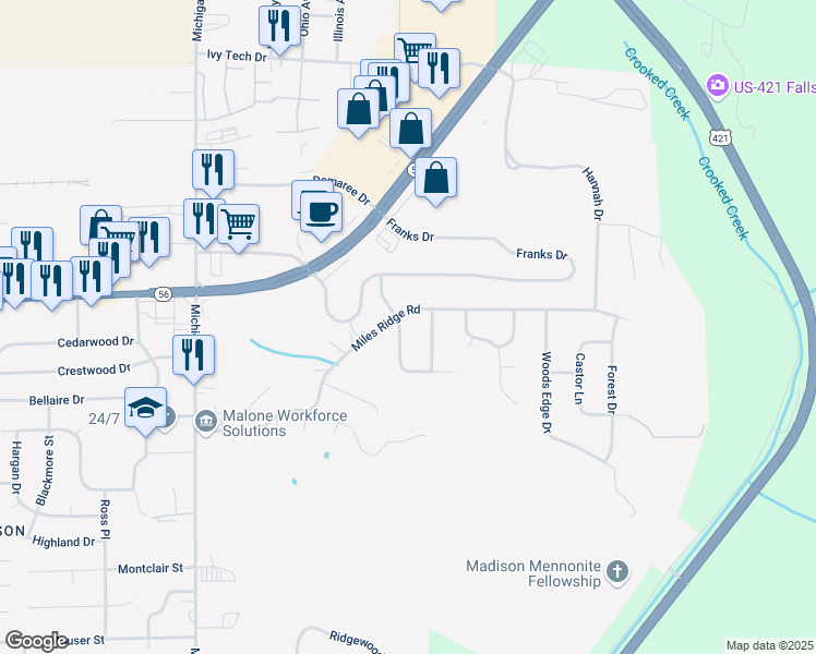 map of restaurants, bars, coffee shops, grocery stores, and more near 2517 Oak Ridge Lane in Madison