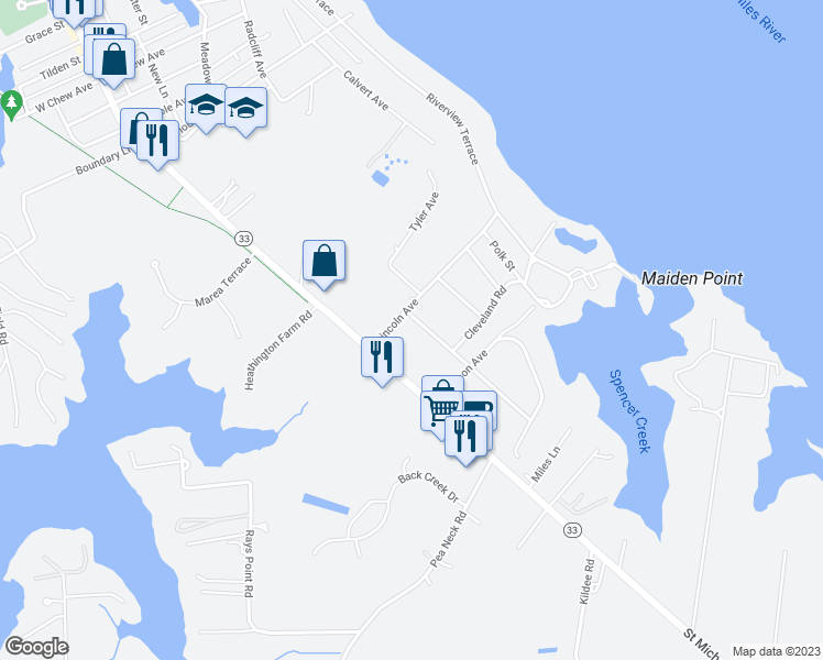 map of restaurants, bars, coffee shops, grocery stores, and more near 1106 Jefferson Avenue in St. Michaels