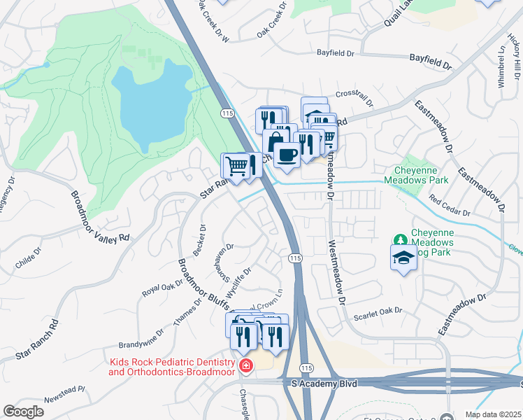 map of restaurants, bars, coffee shops, grocery stores, and more near 702 Johanne Place in Colorado Springs