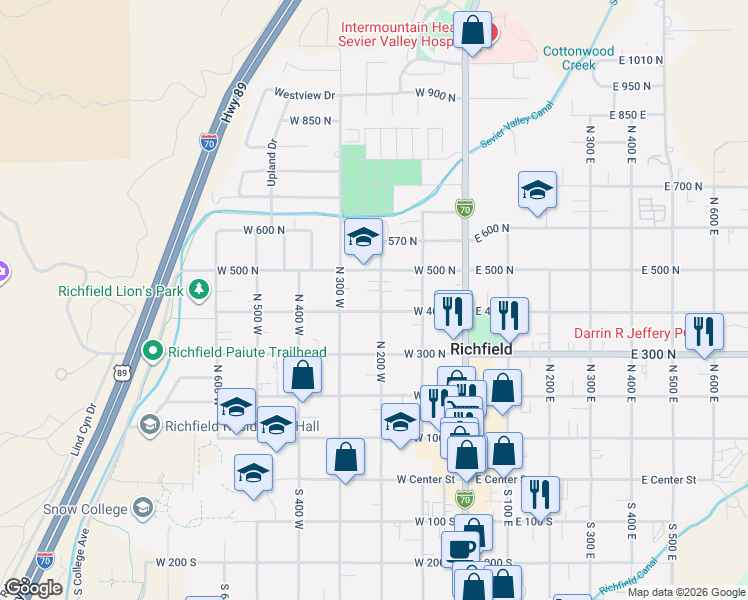 map of restaurants, bars, coffee shops, grocery stores, and more near 235 West 400 North in Richfield