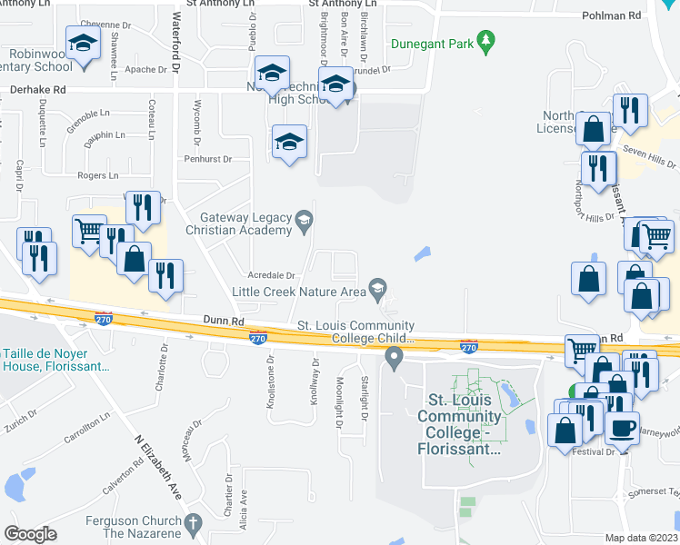 map of restaurants, bars, coffee shops, grocery stores, and more near 1530 Springlet Court in Florissant