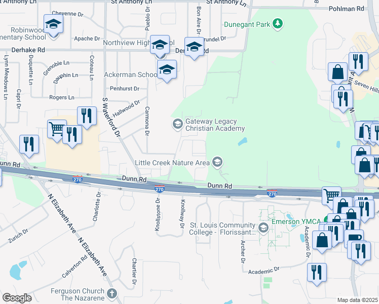 map of restaurants, bars, coffee shops, grocery stores, and more near 1530 Springlet Court in Florissant