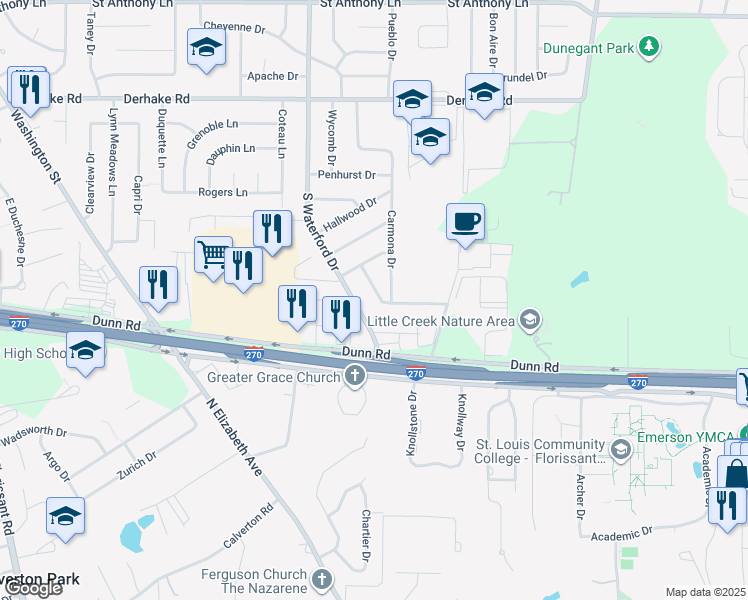 map of restaurants, bars, coffee shops, grocery stores, and more near 1415 Acredale Drive in Florissant