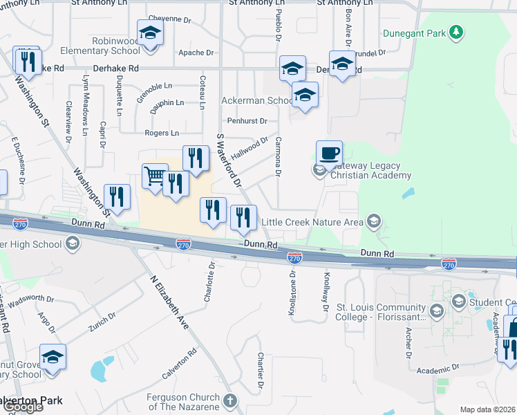 map of restaurants, bars, coffee shops, grocery stores, and more near 1503 South Waterford Drive in Florissant