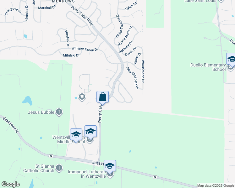 map of restaurants, bars, coffee shops, grocery stores, and more near 444 Kaylene Drive in Wentzville