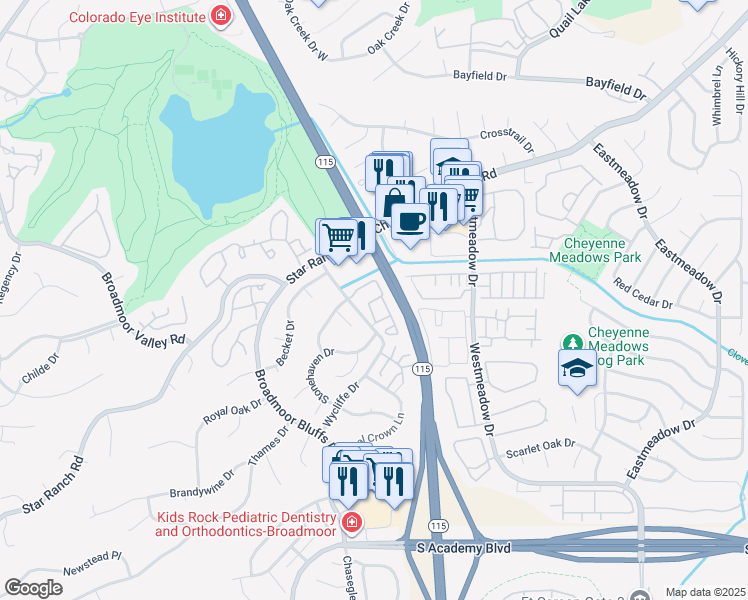 map of restaurants, bars, coffee shops, grocery stores, and more near 702 Johanne Place in Colorado Springs
