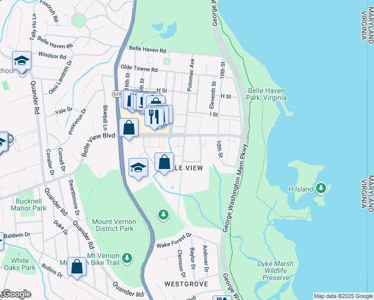 map of restaurants, bars, coffee shops, grocery stores, and more near 6609 Potomac Avenue in Alexandria