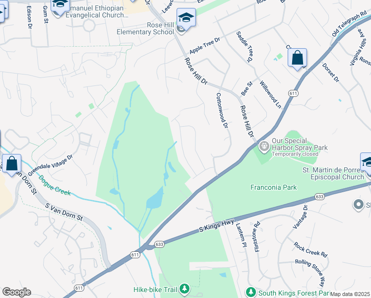 map of restaurants, bars, coffee shops, grocery stores, and more near 6507 Haystack Road in Alexandria