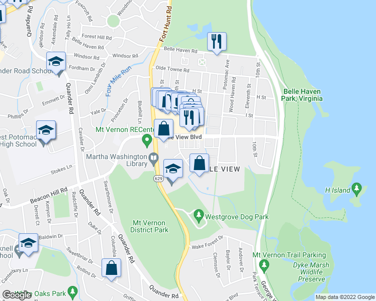 map of restaurants, bars, coffee shops, grocery stores, and more near 6722 West Wakefield Drive in Alexandria