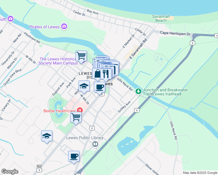 map of restaurants, bars, coffee shops, grocery stores, and more near 100 Kings Highway in Lewes