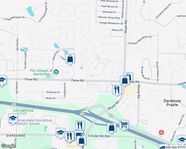map of restaurants, bars, coffee shops, grocery stores, and more near 100 Grand Inverness Parkway in Dardenne Prairie