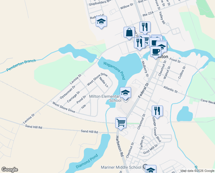 map of restaurants, bars, coffee shops, grocery stores, and more near 144 West Shore Drive in Milton