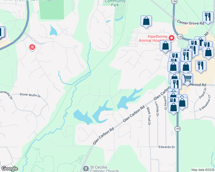 map of restaurants, bars, coffee shops, grocery stores, and more near 25 Lakewood Drive in Glen Carbon