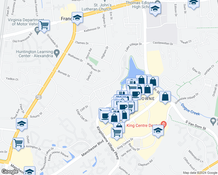 map of restaurants, bars, coffee shops, grocery stores, and more near 6602 Dunwich Way in Alexandria