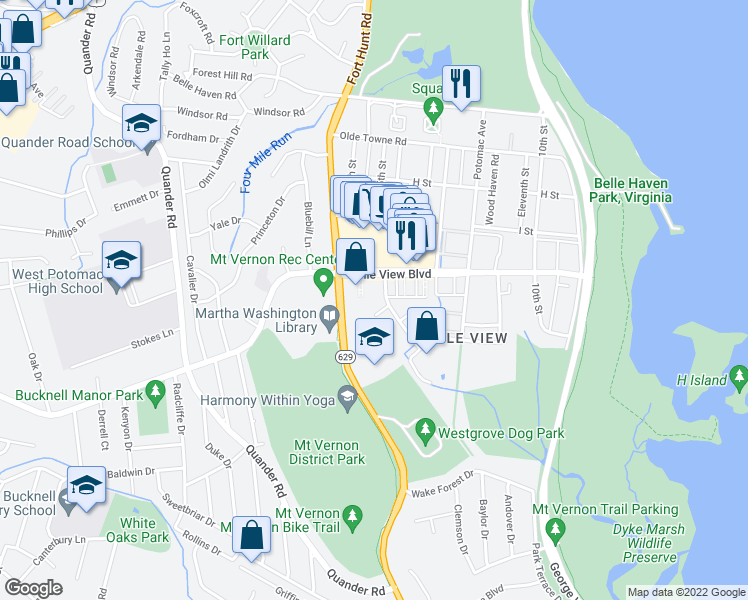 map of restaurants, bars, coffee shops, grocery stores, and more near 6731 West Wakefield Drive in Alexandria