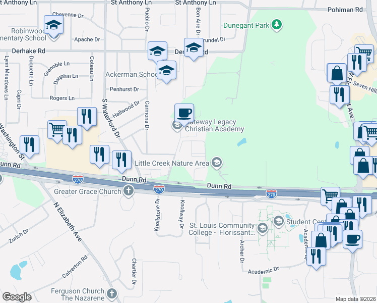 map of restaurants, bars, coffee shops, grocery stores, and more near 1609 Willow Wren Court in Florissant