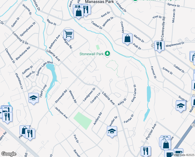 map of restaurants, bars, coffee shops, grocery stores, and more near 9006 Whispering Pine Court in Manassas
