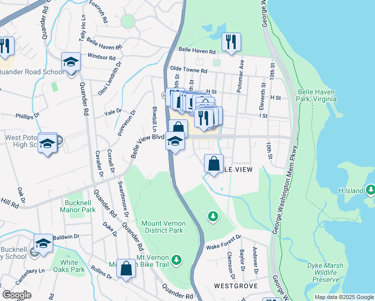 map of restaurants, bars, coffee shops, grocery stores, and more near 6731 West Wakefield Drive in Alexandria