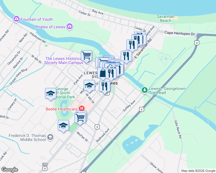 map of restaurants, bars, coffee shops, grocery stores, and more near 313 East Savannah Road in Lewes