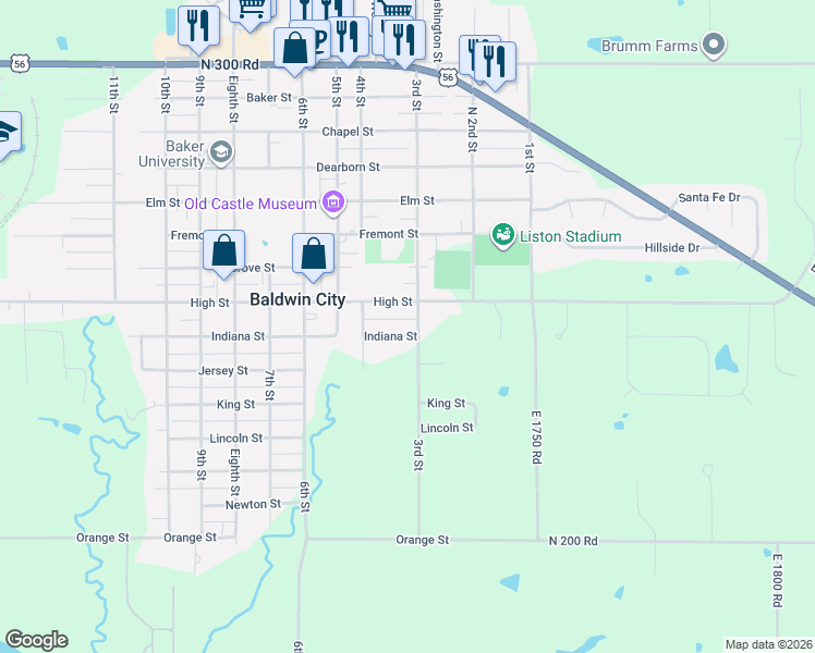 map of restaurants, bars, coffee shops, grocery stores, and more near 319 Indiana St in Baldwin City