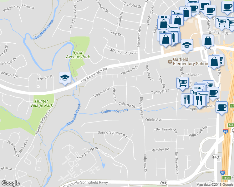 map of restaurants, bars, coffee shops, grocery stores, and more near 6605 Wren Drive in Springfield