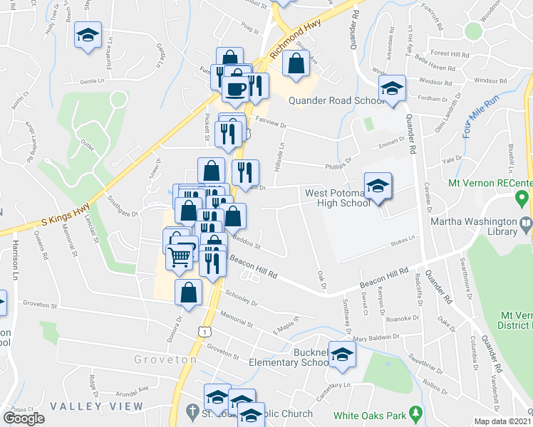 map of restaurants, bars, coffee shops, grocery stores, and more near 2703 Fleming Street in Alexandria