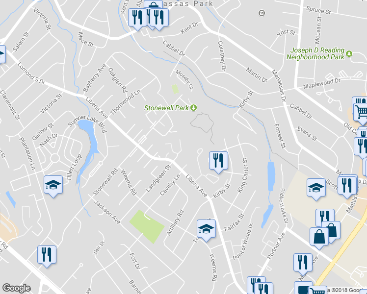 map of restaurants, bars, coffee shops, grocery stores, and more near 9056 Silver Maple Court in Manassas