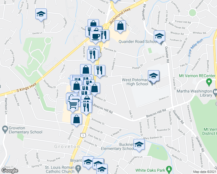 map of restaurants, bars, coffee shops, grocery stores, and more near 2703 Fleming Street in Alexandria
