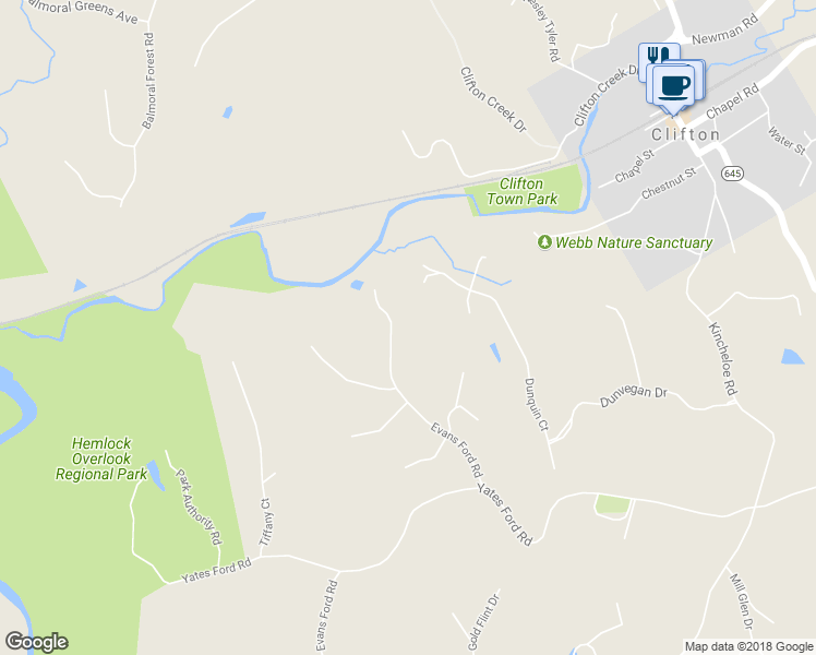 map of restaurants, bars, coffee shops, grocery stores, and more near 7507 Evans Ford Road in Clifton