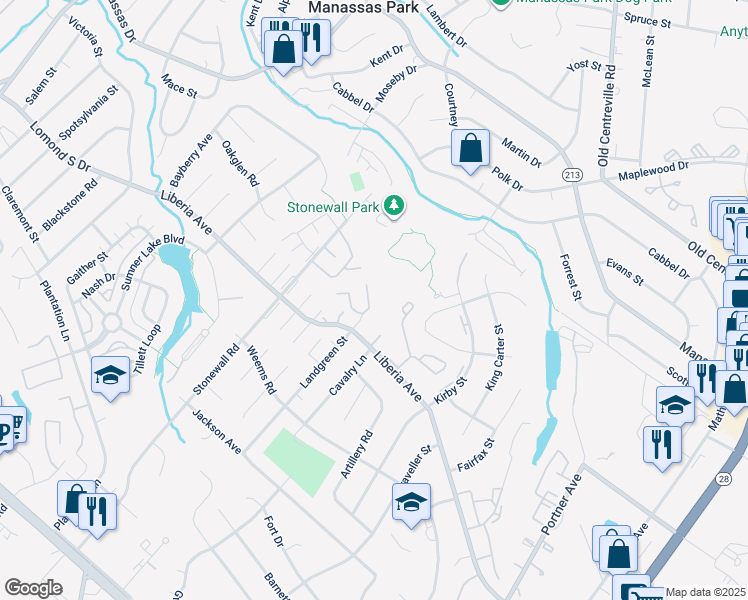 map of restaurants, bars, coffee shops, grocery stores, and more near 9056 Silver Maple Court in Manassas