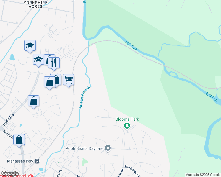 map of restaurants, bars, coffee shops, grocery stores, and more near 9724 Holmes Place in Manassas Park
