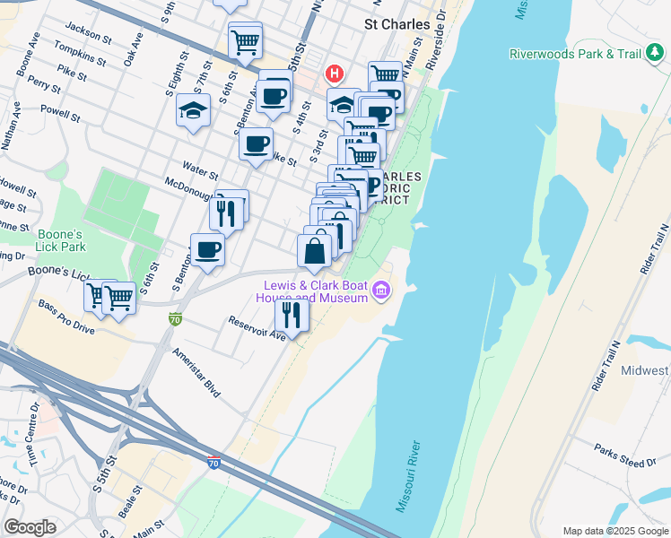map of restaurants, bars, coffee shops, grocery stores, and more near 1022 South Main Street in Saint Charles