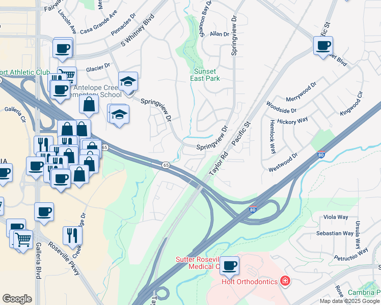 map of restaurants, bars, coffee shops, grocery stores, and more near 6511 Hearthstone Circle in Rocklin