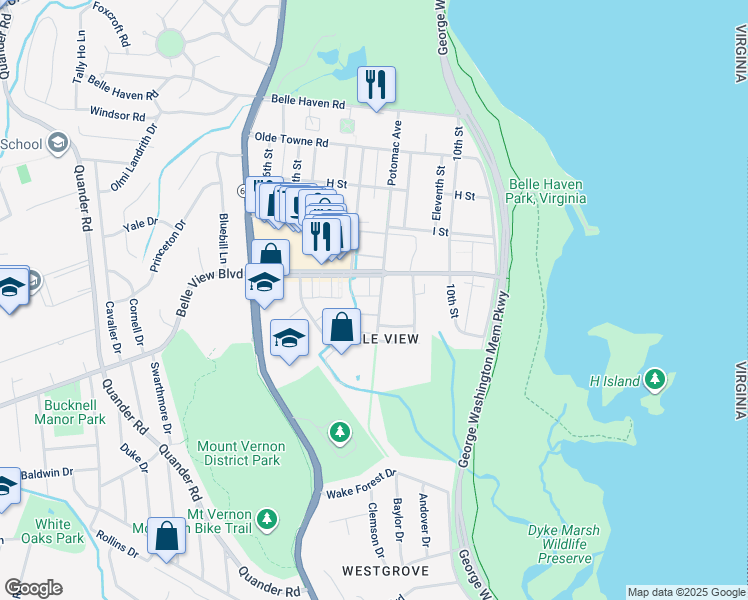 map of restaurants, bars, coffee shops, grocery stores, and more near 6604 Potomac Avenue in Alexandria
