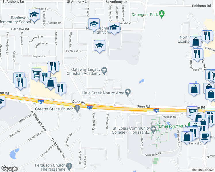 map of restaurants, bars, coffee shops, grocery stores, and more near 1520 Grandview Drive in Florissant