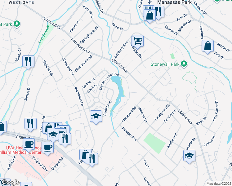 map of restaurants, bars, coffee shops, grocery stores, and more near 8321 Tillett Loop in Manassas