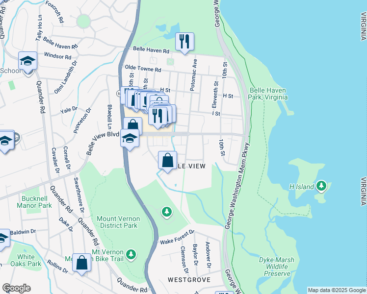map of restaurants, bars, coffee shops, grocery stores, and more near 6604 Potomac Avenue in Alexandria