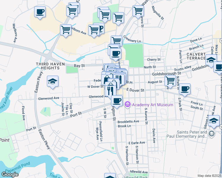 map of restaurants, bars, coffee shops, grocery stores, and more near in Easton