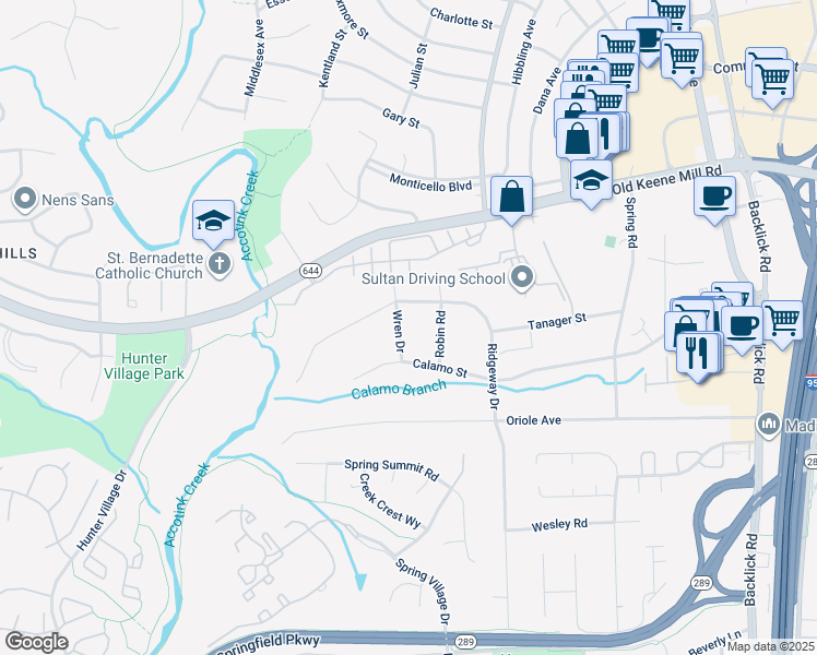 map of restaurants, bars, coffee shops, grocery stores, and more near 6605 Wren Drive in Springfield