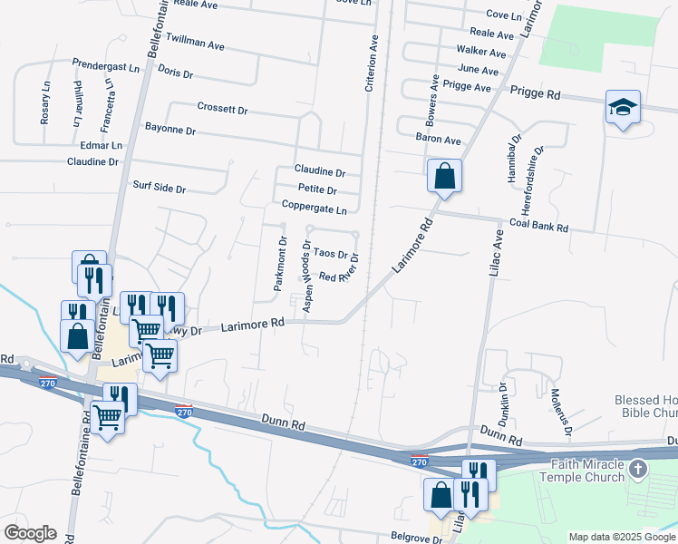 map of restaurants, bars, coffee shops, grocery stores, and more near 1308 Red River Drive in St. Louis
