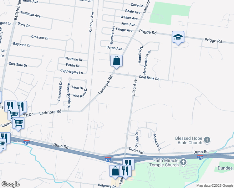 map of restaurants, bars, coffee shops, grocery stores, and more near 11510 Larimore Road in St. Louis