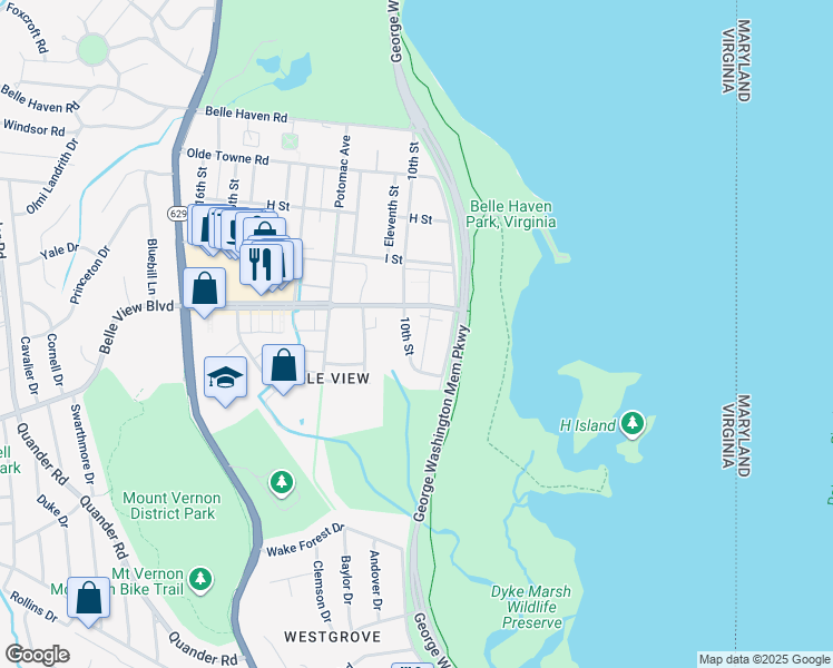 map of restaurants, bars, coffee shops, grocery stores, and more near 6613 10th Street in Alexandria