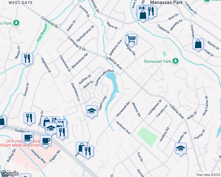map of restaurants, bars, coffee shops, grocery stores, and more near 8321 Tillett Loop in Manassas