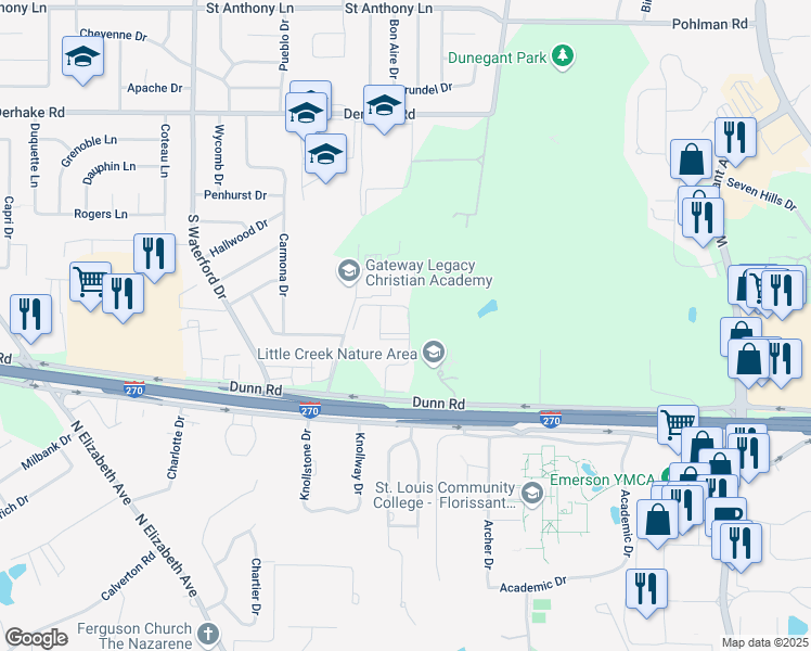 map of restaurants, bars, coffee shops, grocery stores, and more near 2305 Dunn Road in Florissant