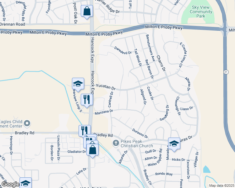 map of restaurants, bars, coffee shops, grocery stores, and more near 3920 Remple Court in Colorado Springs