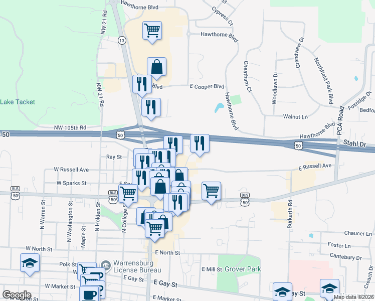 map of restaurants, bars, coffee shops, grocery stores, and more near 407 East Russell Avenue in Warrensburg