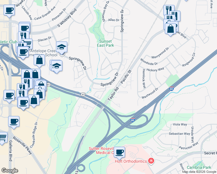 map of restaurants, bars, coffee shops, grocery stores, and more near in Rocklin