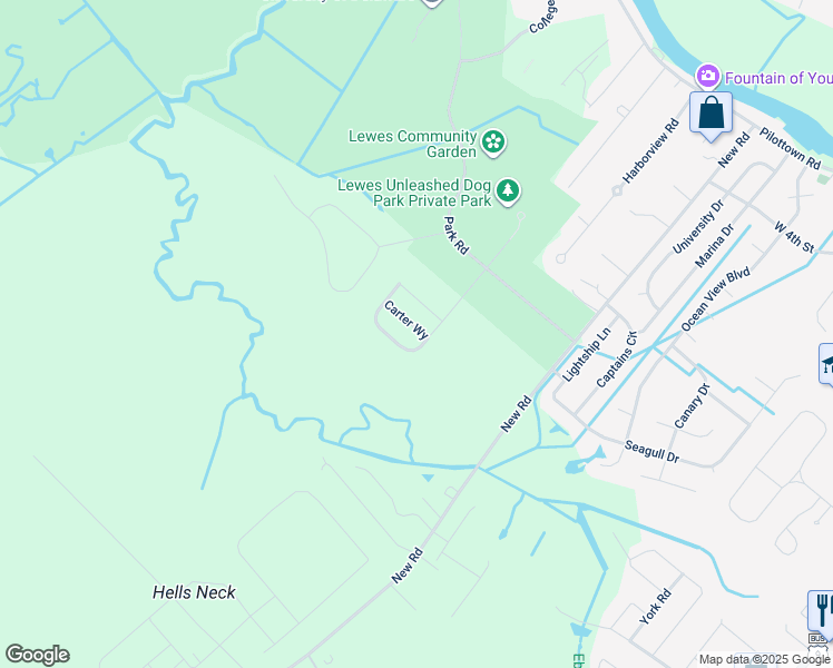 map of restaurants, bars, coffee shops, grocery stores, and more near Carter Way in Lewes