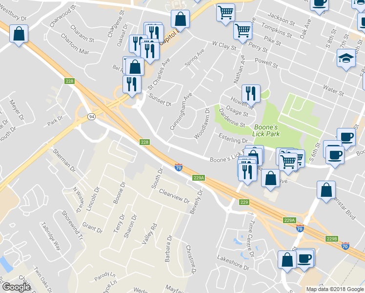 map of restaurants, bars, coffee shops, grocery stores, and more near 1522 Boone's Lick Road in Saint Charles
