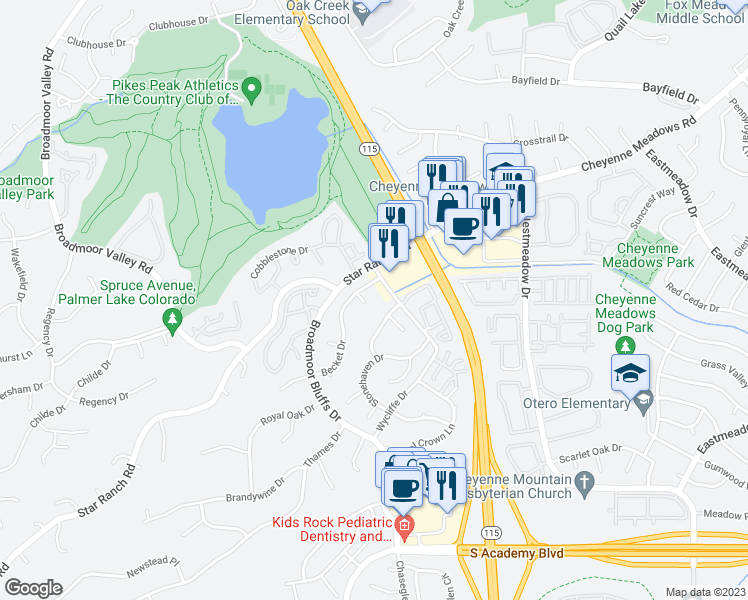 map of restaurants, bars, coffee shops, grocery stores, and more near 570 Wembleton Place in Colorado Springs